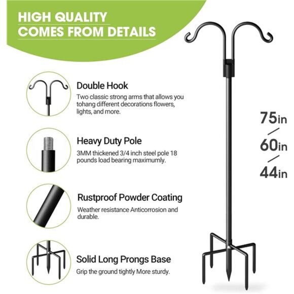 Double Shepherds Hooks for Outdoor, Heavy Duty Bird Feeder Pole with 5 Prong - Picture 4 of 8